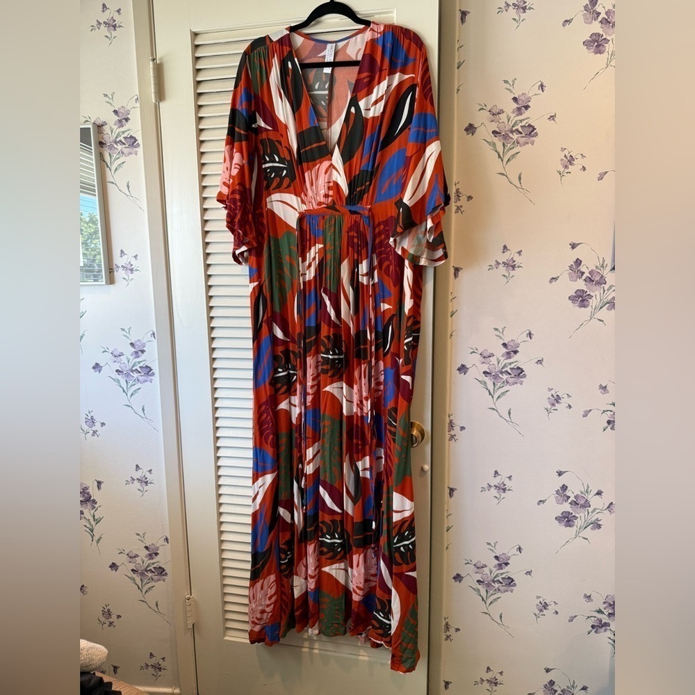 Rachel Pally Orange Print Crepe Short Sleeve Tie Back Maxi Dress in 3X
